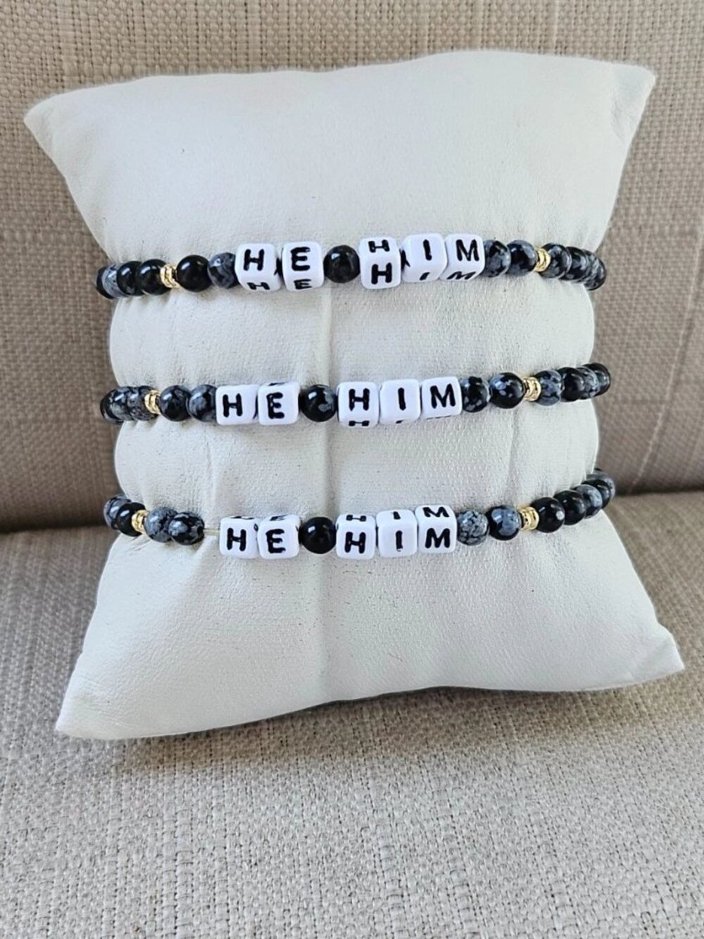 Little Words Project Bracelet Black Beands HE HIM Wrist Band Stretched Lot of 3